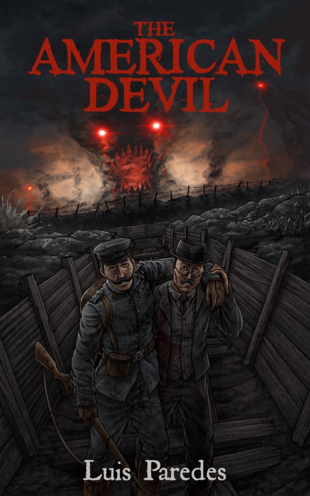 The American Devil cover art featuring the story's main characters, Professor Siegfried Engel and Major Graf, walking through a ruined trench with a cloud in the background resembling the creature stalking them.
